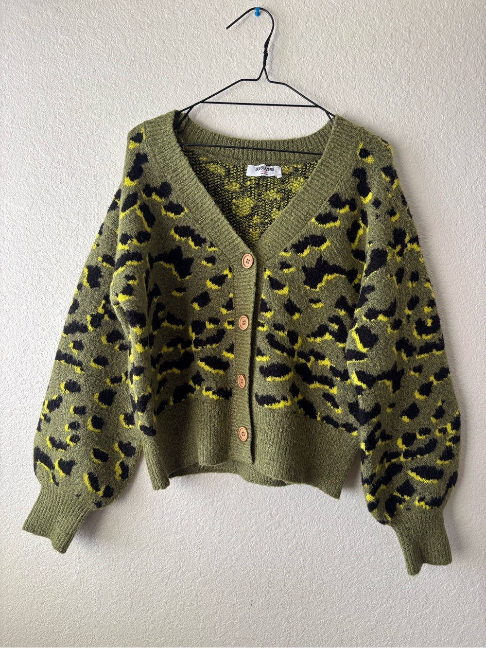Double Zero Olive Green Leopard Print Button Cardigan